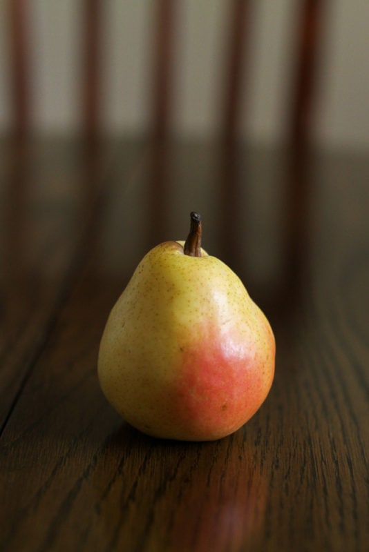 pear on table.