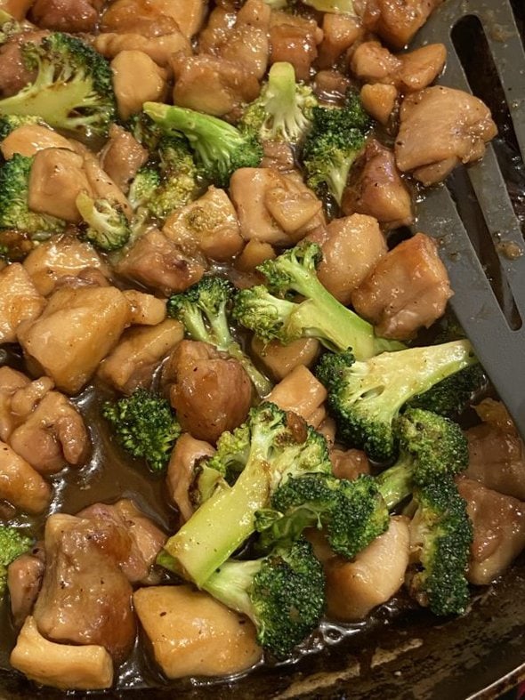 bourbon chicken in pan.