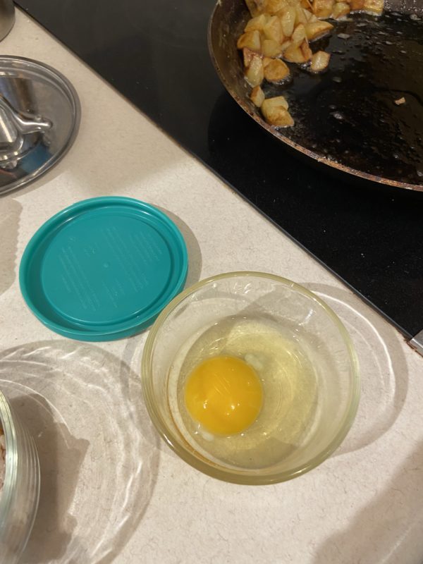 egg in a pyrex dish.