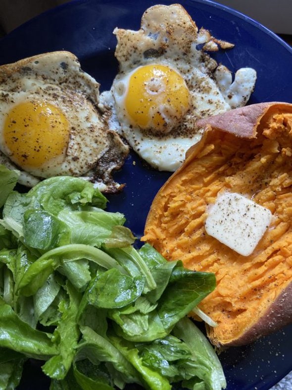 breakfast plate with eggs.