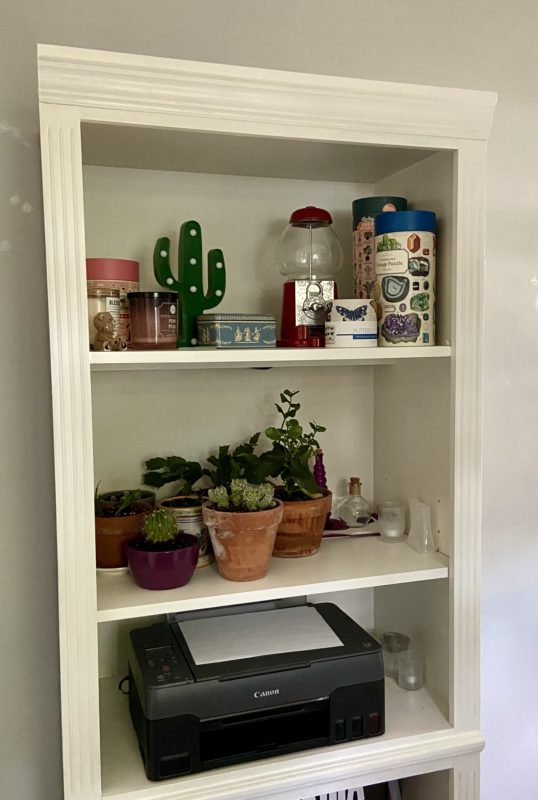 bookshelf with crown molding.