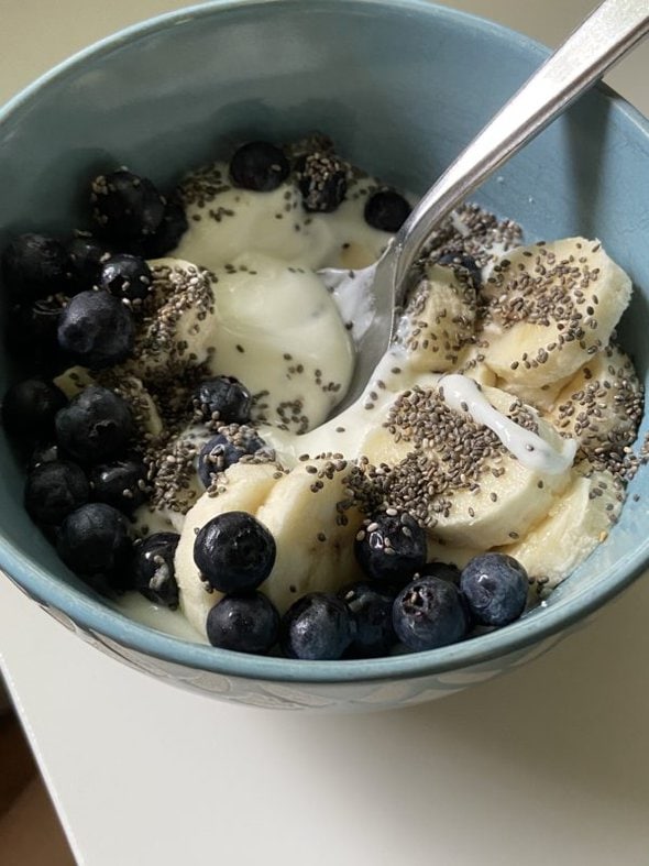 yogurt with fruit and seeds.