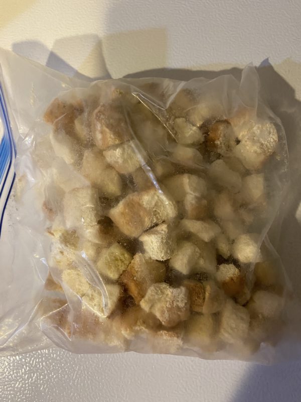 bread cubes in a bag.