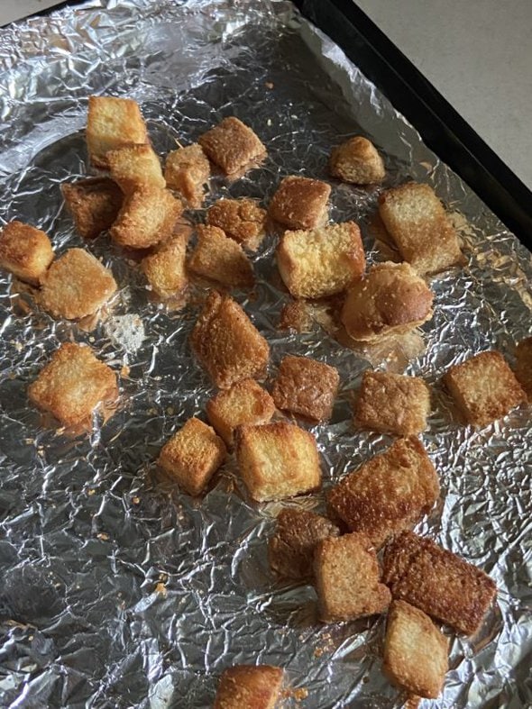 croutons on a baking sheet.
