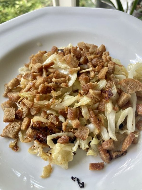 cabbage topped with bread crumbs.