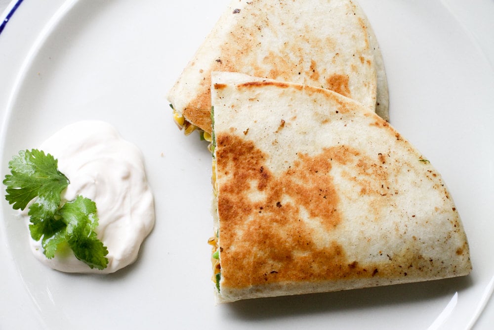 quesadilla cut in half.