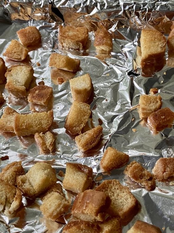 croutons on tin foil.