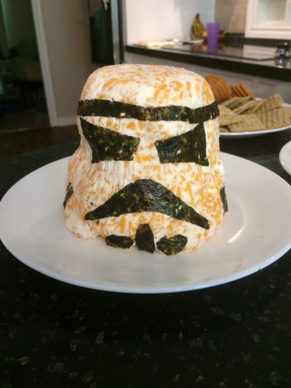 cheese ball in shape of storm trooper.