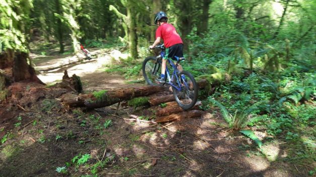 teen riding a mountain bike through woods.