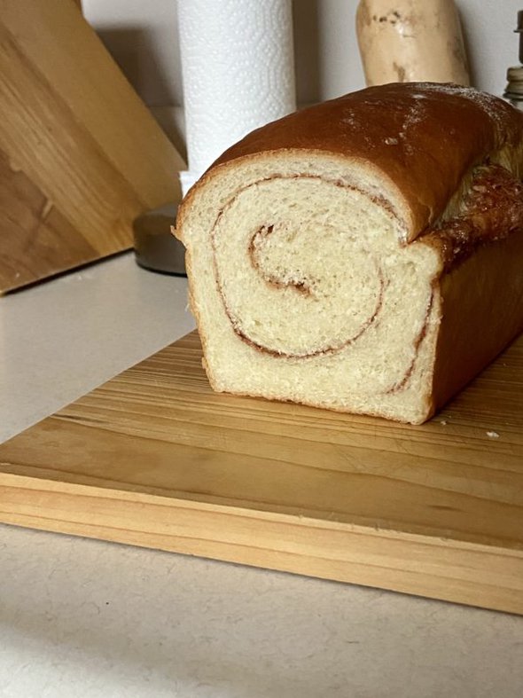 cut side of cinnamon bread.