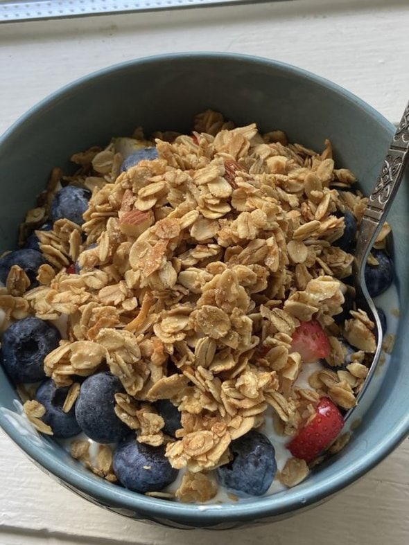 granola on yogurt and fruit.