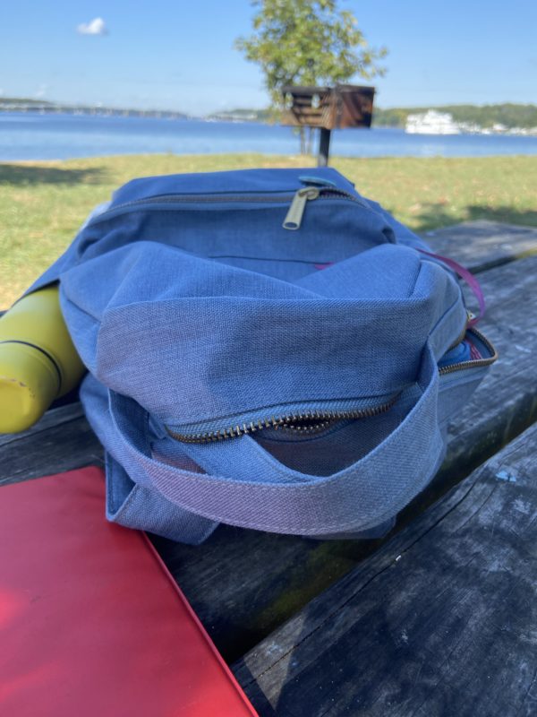 backpack on picnic table.