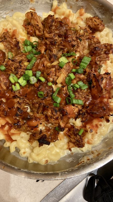 pulled pork on mac and cheese.