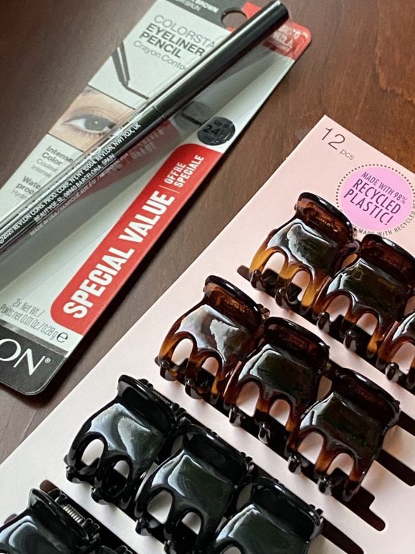 eyeliner and hair clips.