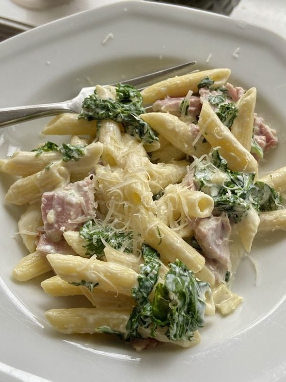 pasta with ham and kale.