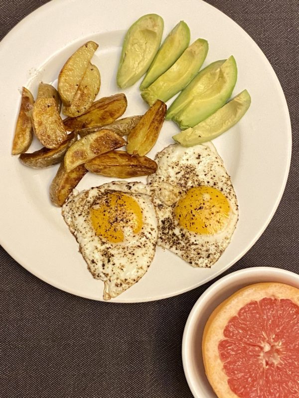 egg and potato breakfast plate.