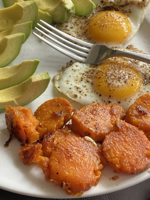eggs and sweet potatoes.