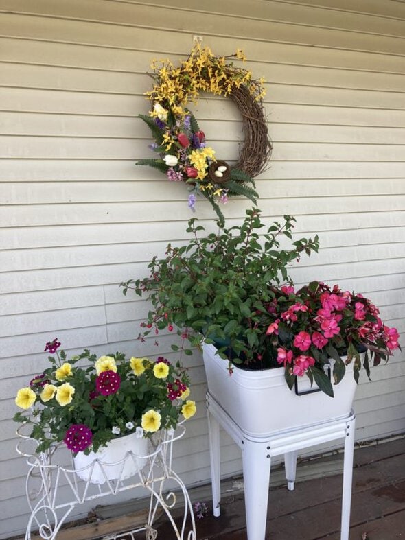 flowers in planters.