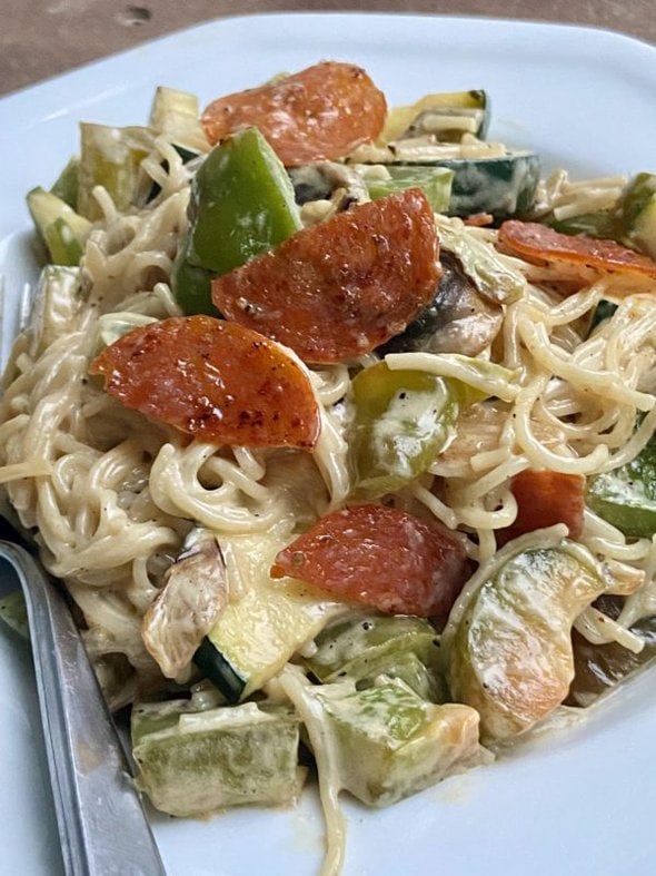 pasta with veggies.