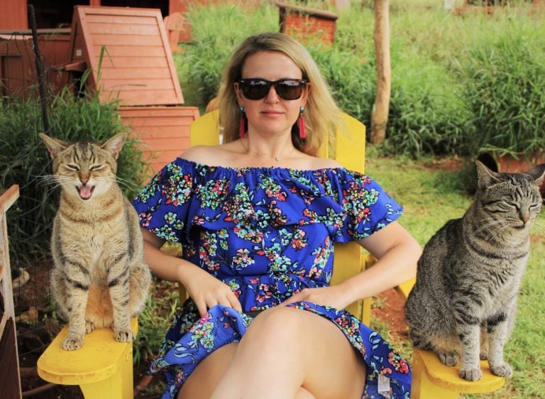 Colleen with some cats.