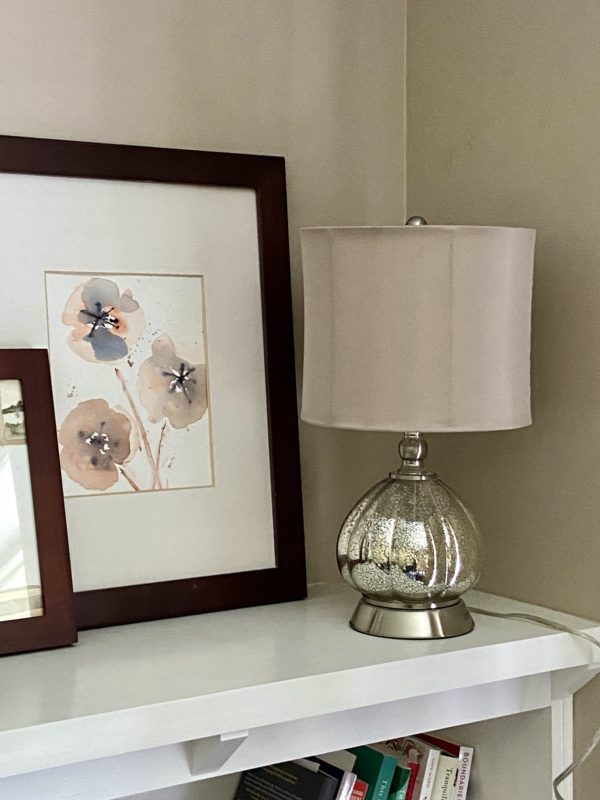 small lamp on bookshelf.