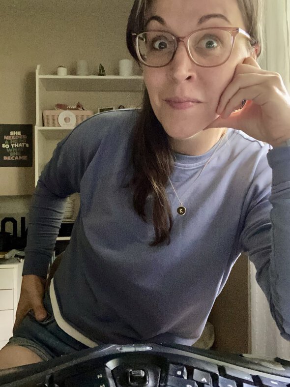 Kristen in a sweatshirt.