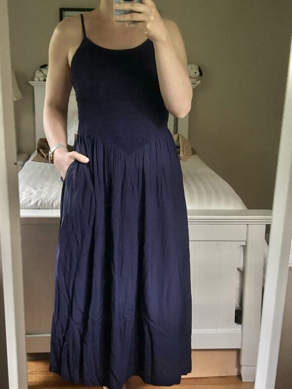Kristen in a blue dress.