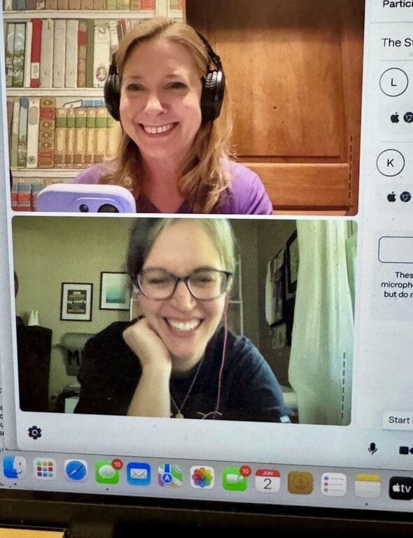 laura vanderkam and kristen recording a podcast.