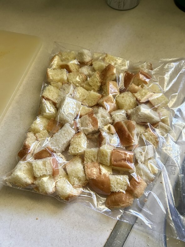 bread cubes in a bag.
