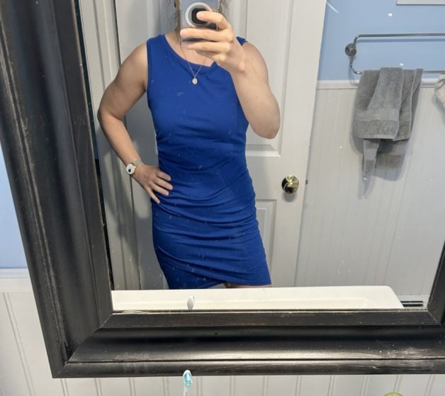 Kristen in a blue dress.