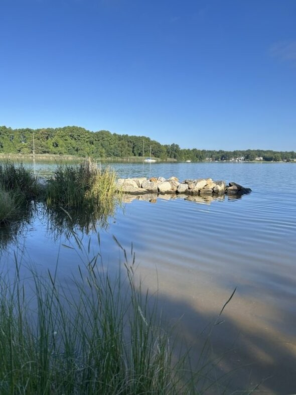 blue skies over water.