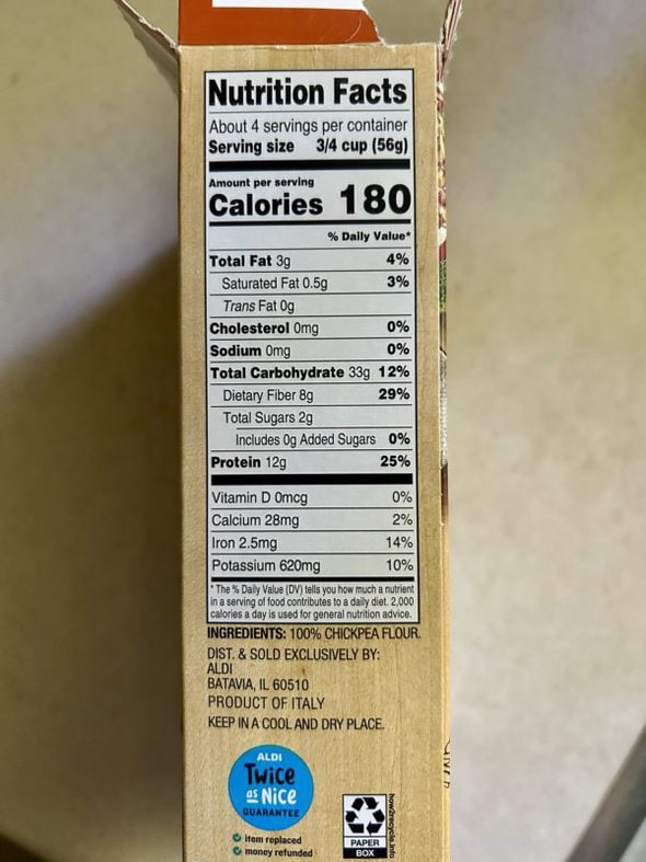 pasta nutritional label.