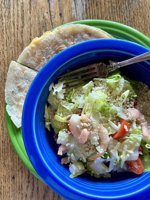 salad and quesadilla.