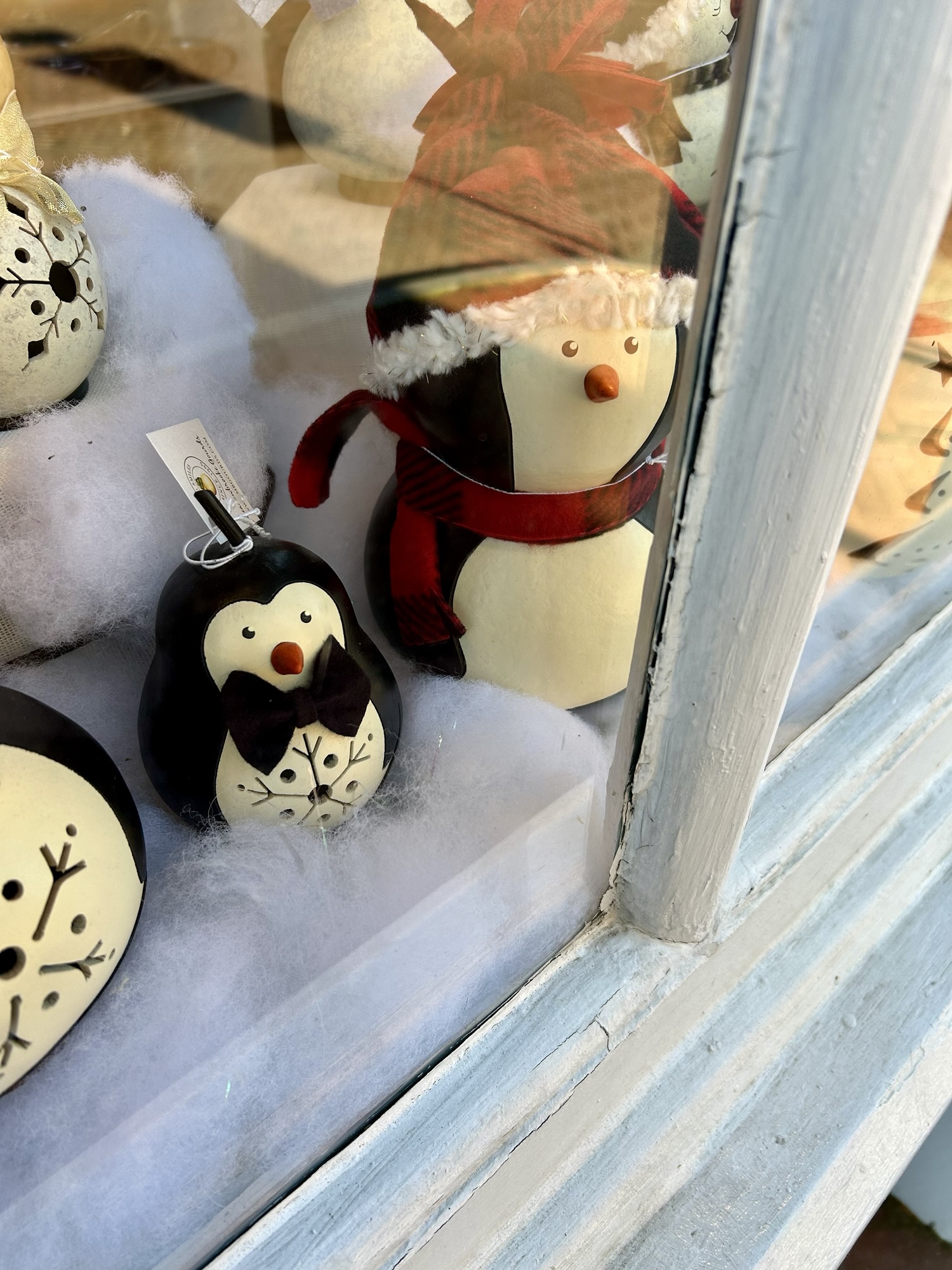 penguins in shop window.