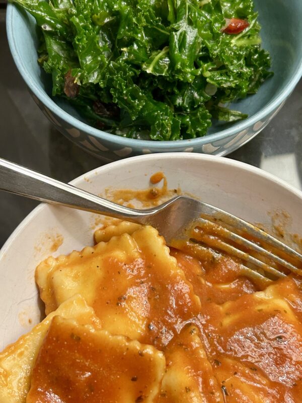 ravioli and kale salad.