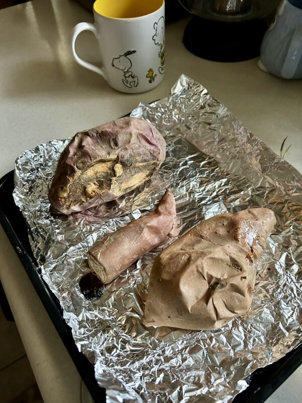 sweet potatoes on foil.