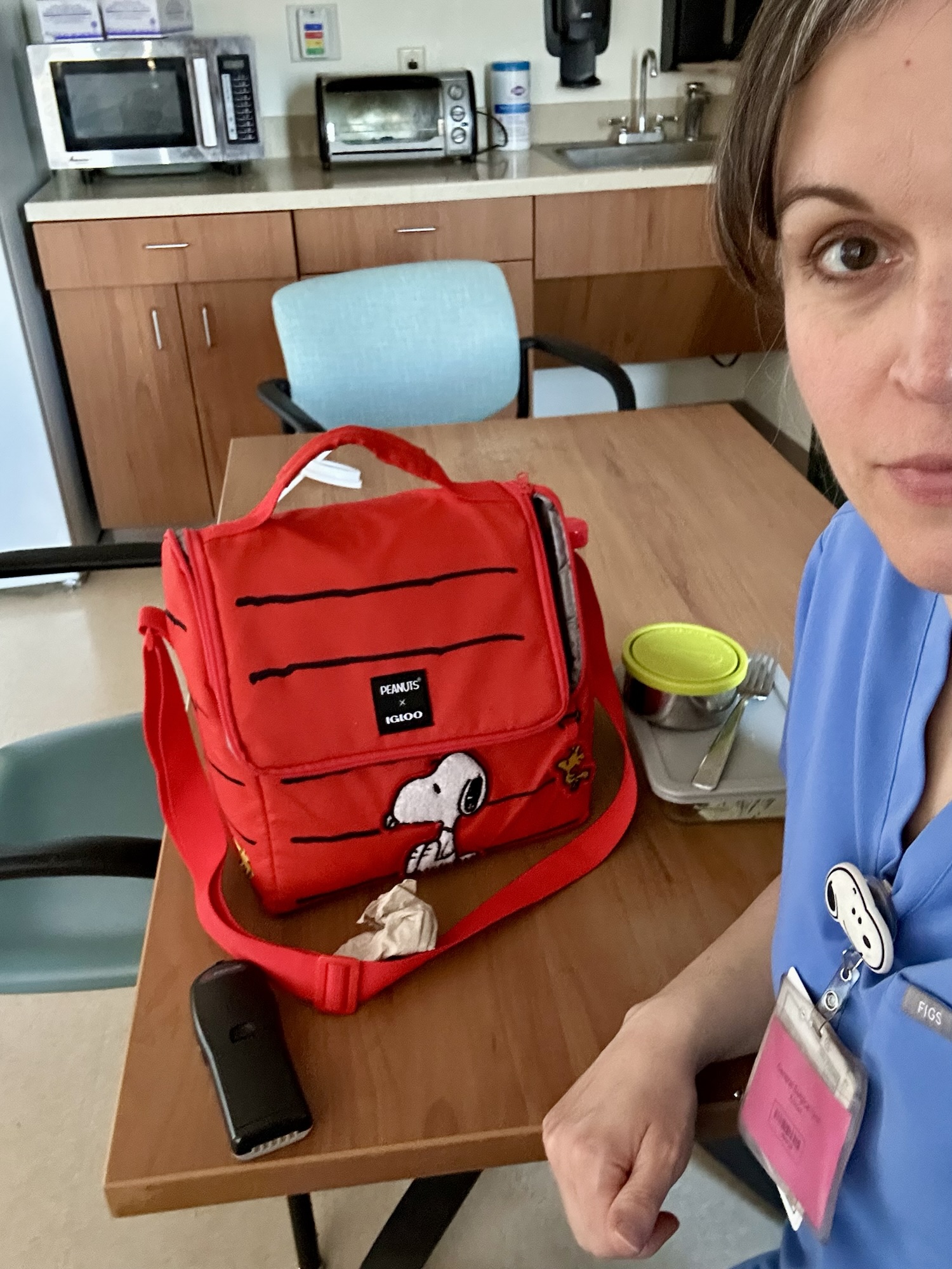 Kristen in lunch break room.