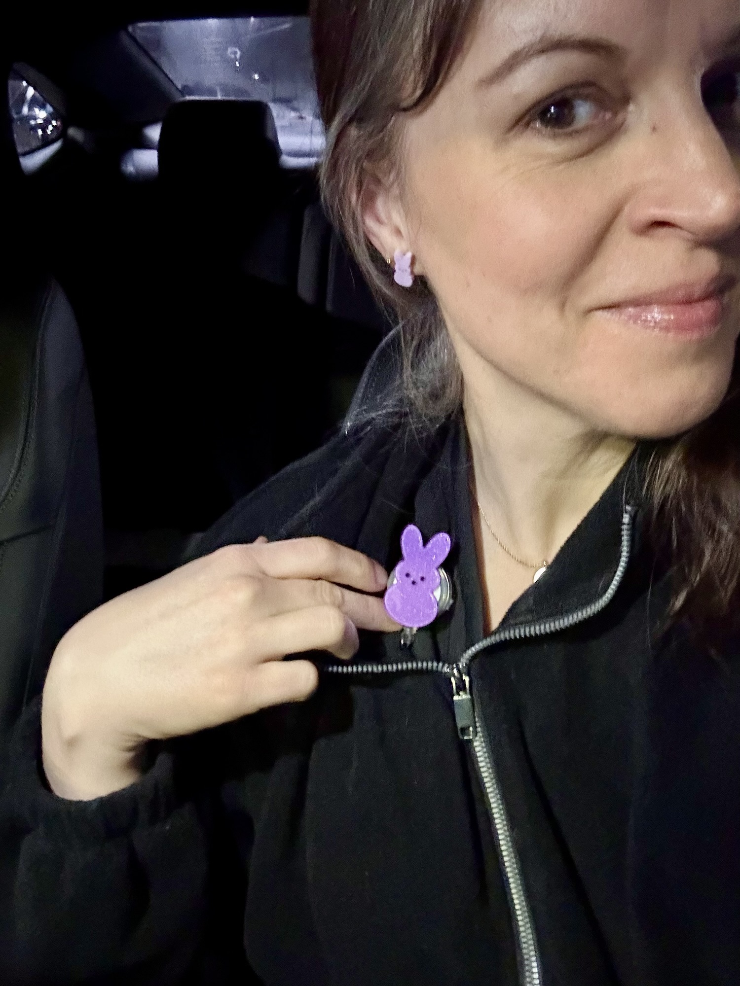 Kristen with a peep bunny badge.