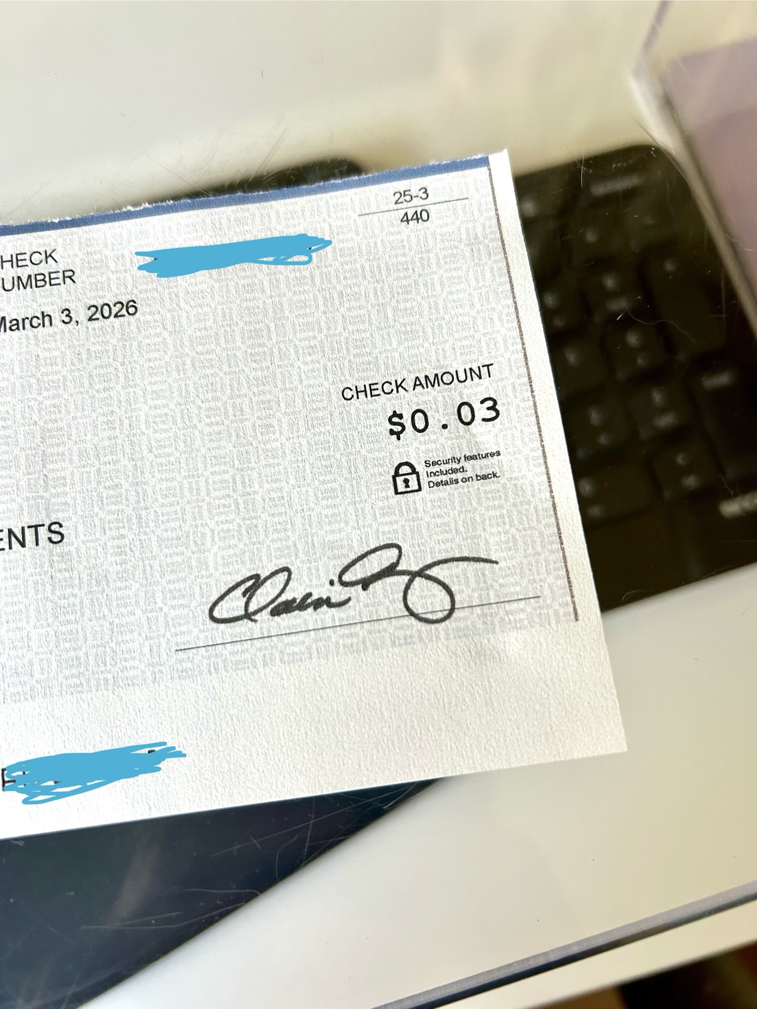 three cent paper check.