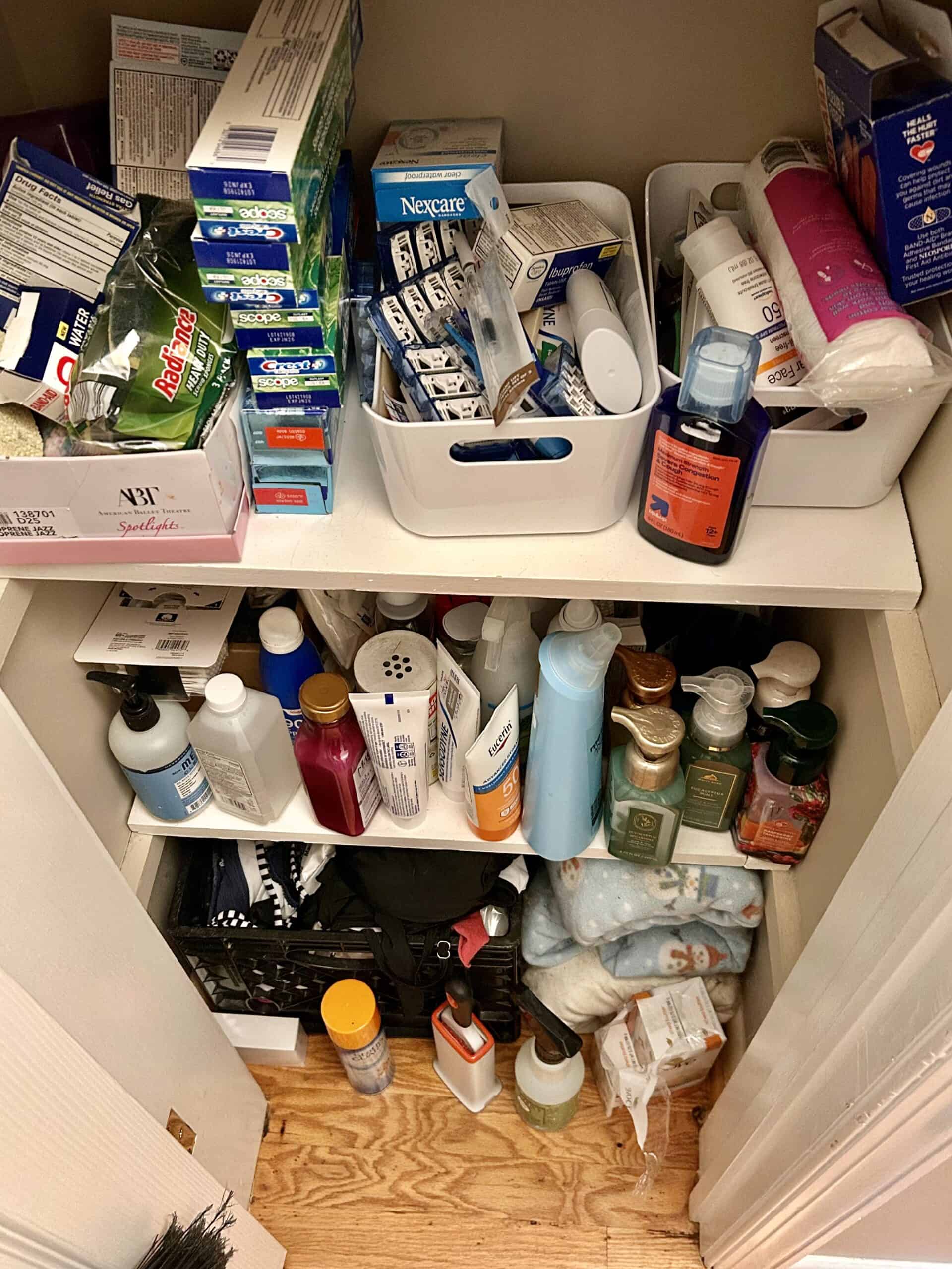messy linen closet.