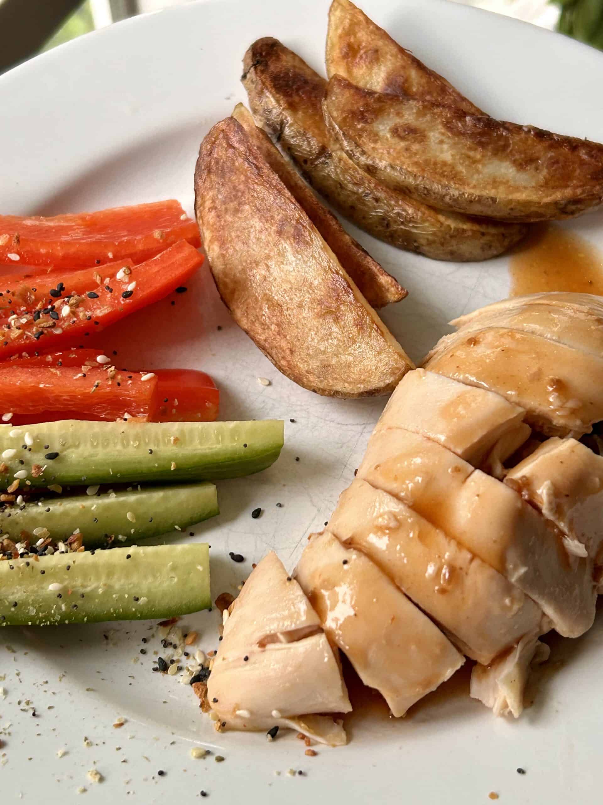 chicken, veggies, and potatoes.