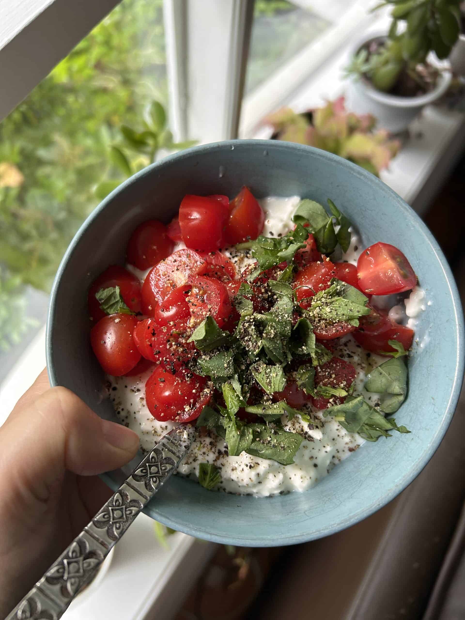 tomatoes on cottage cheese.