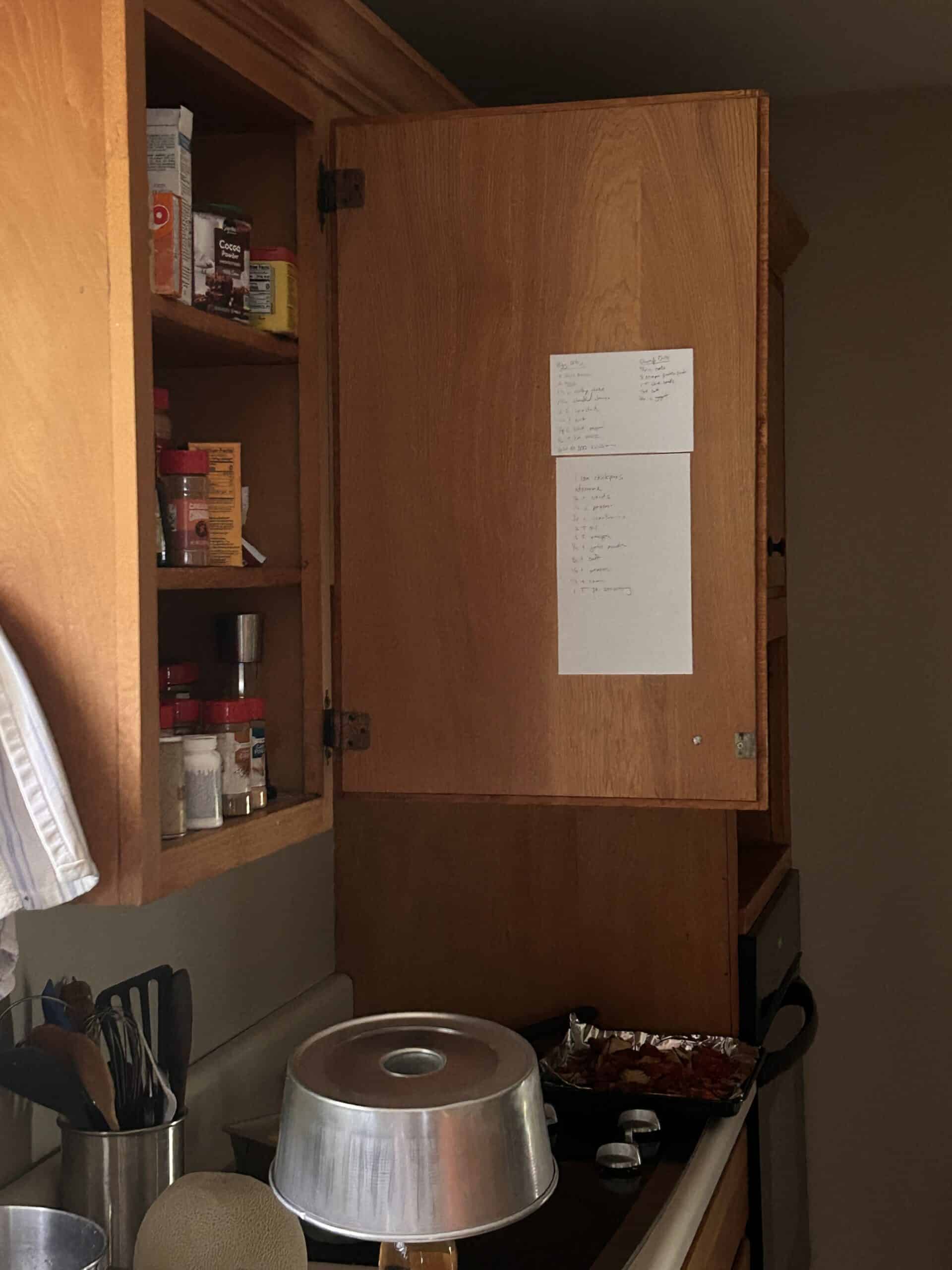 recipes inside cabinet door.