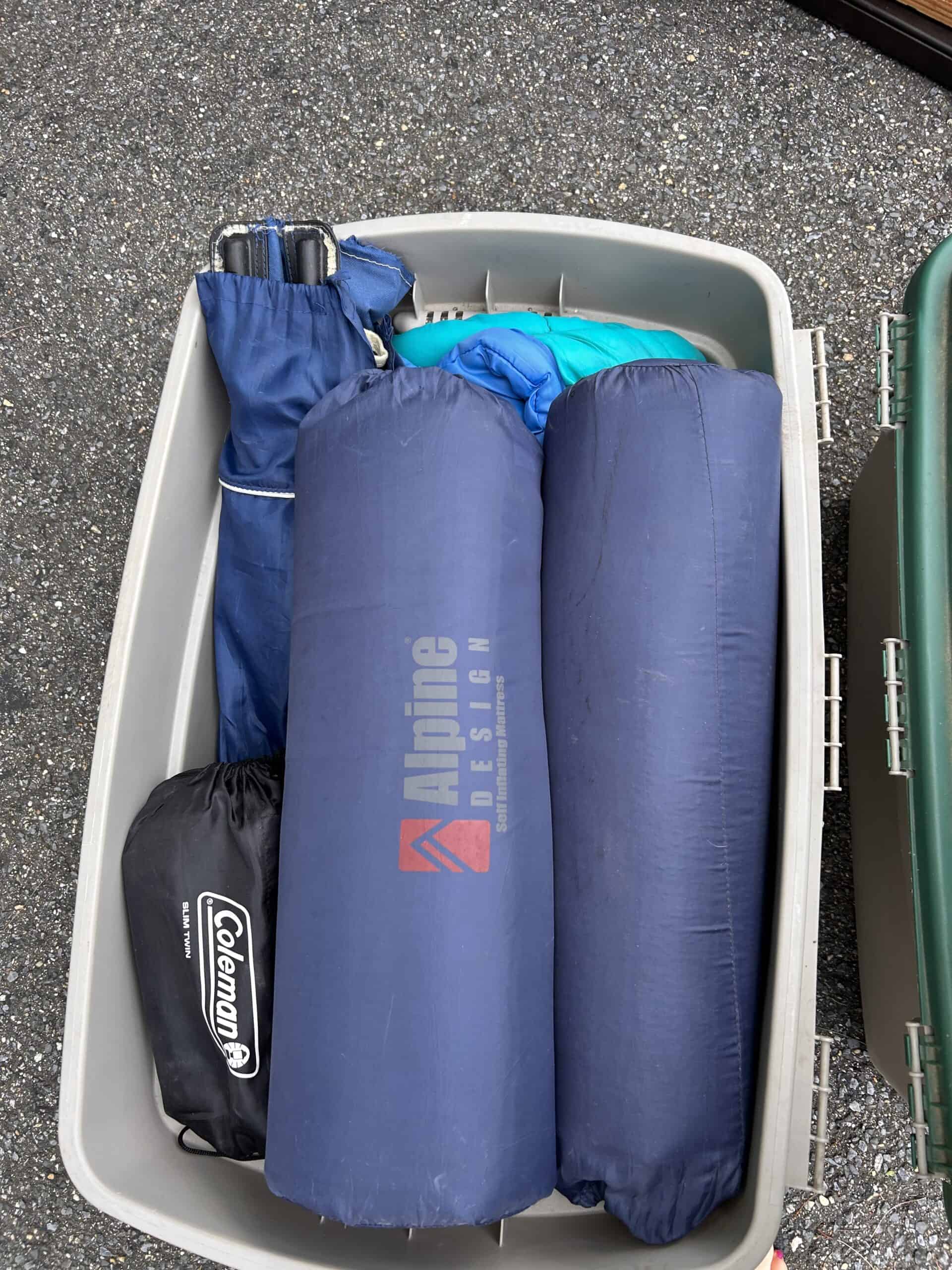 bin of camping gear.