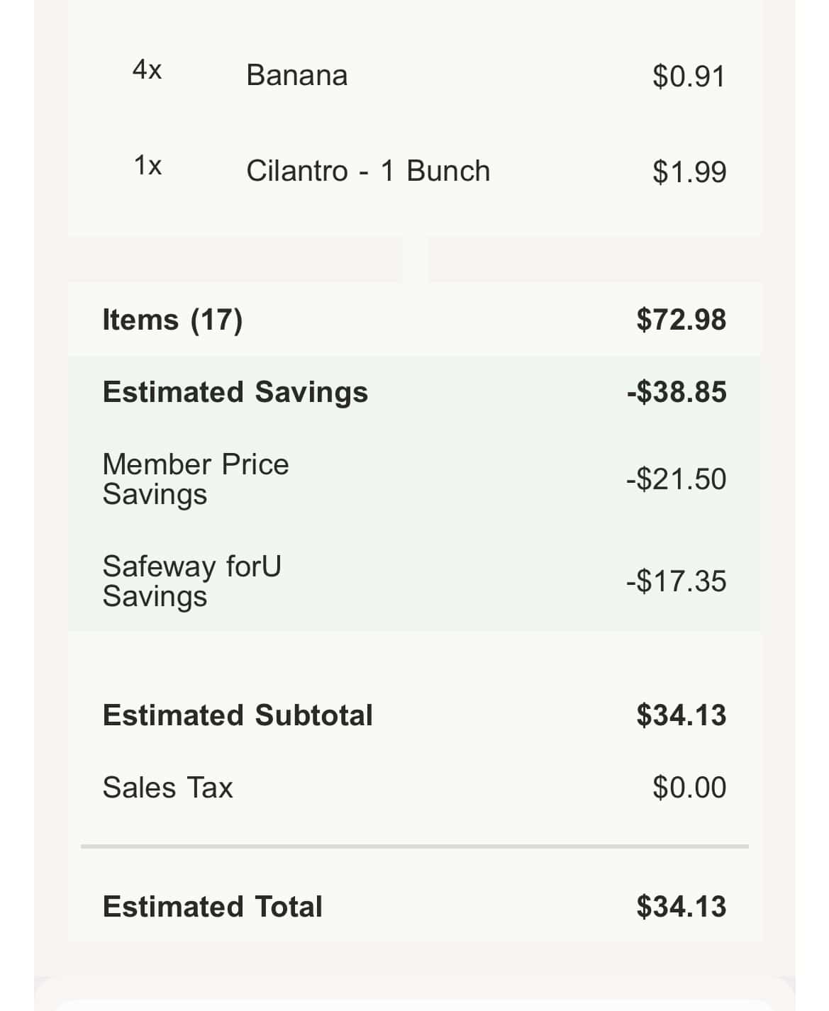 Safeway receipt screenshot.