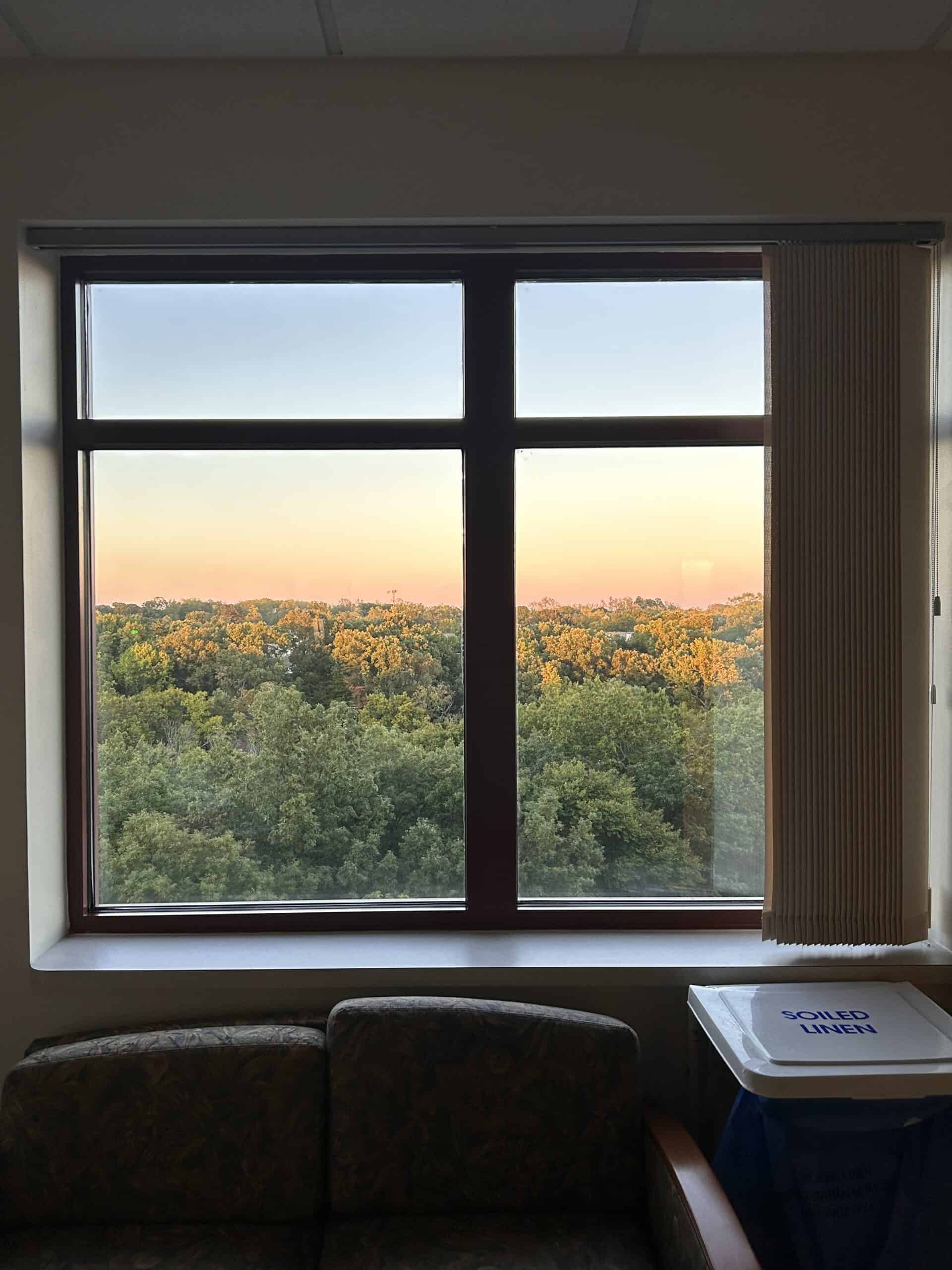sunset through a hospital window.
