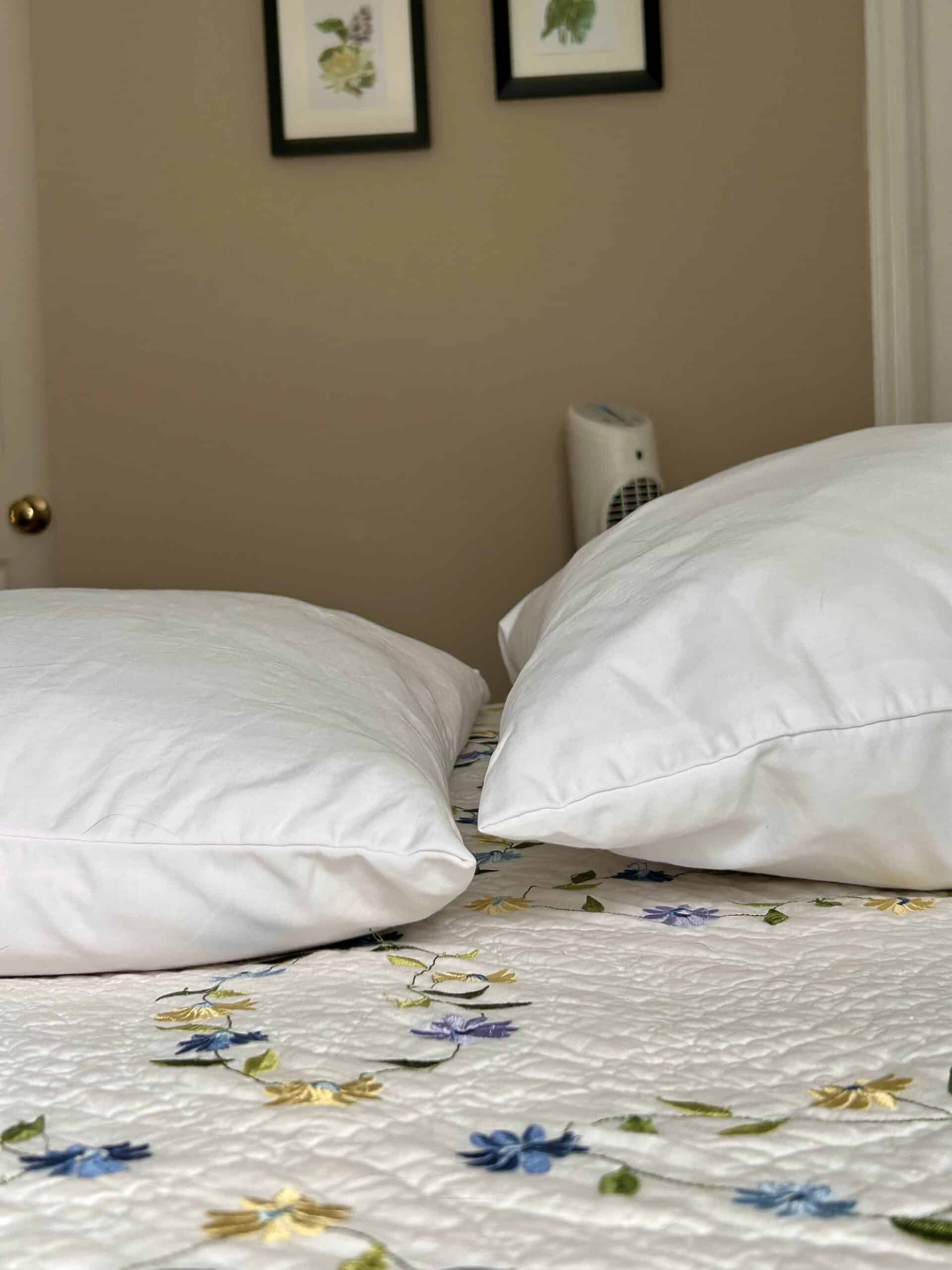 two pillows on a bed.
