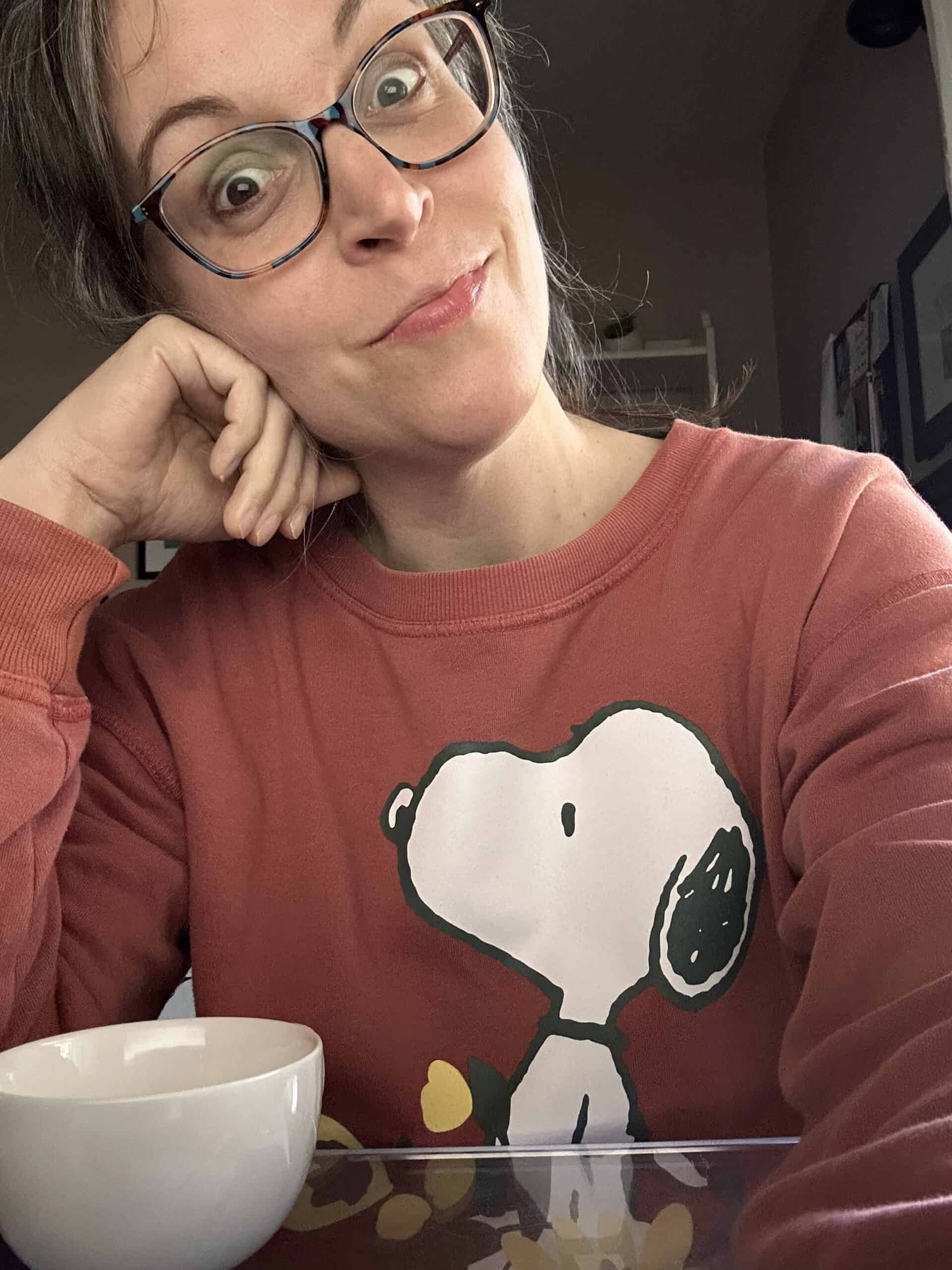 Kristen in a Snoopy sweatshirt.