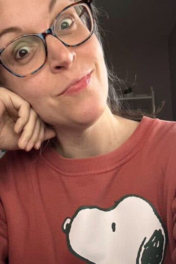 Kristen in a Snoopy sweatshirt.